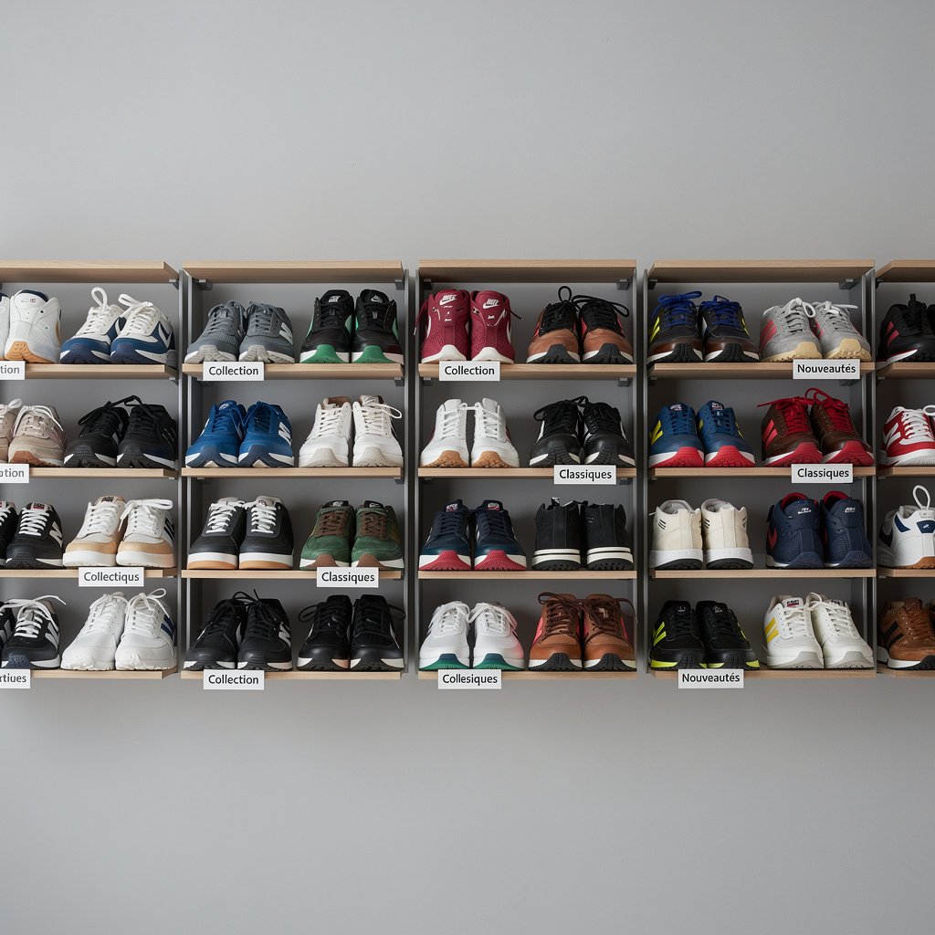 Collection de baskets rangees sur une étagère organisée